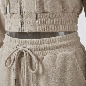 Conjunto de 2 Piezas para Mujer, Sudadera con Capucha y Cierre y Pantalones Cortos, Color Sólido, Informal, Tejido de Algodón, por Encima de la Rodilla - Product Image 5