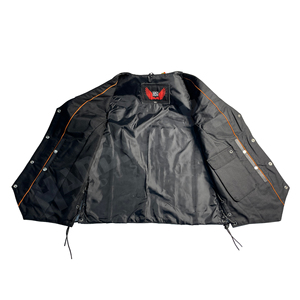 Chaleco de Motocicleta de Cuero Negro para Hombre HSI, Sin Mangas, Cuello en V, con Cordones Laterales y Bolsillos con Cremallera, para Todas las Temporadas - Product Image 6