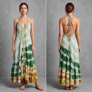 Women's Sweet Y2K Tie Dye Halter V-Neck Sleeveless Loose Fit Maxi Dress with Front Slit Embroidery Boho Beach Holiday Sundress - Product Image 2
