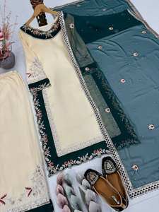 NOUVEAU ENSEMBLE DE HAUT ET PANTALON PALAZZO EN FAUSSE GEORGETTE LUXUEUSE, DESIGNER, AVEC DUPATTA - Product Image 4