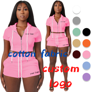Women's Casual Hooded Zipper Short Sleeve <b>Crop</b> <b>Top</b> & Shorts Set Solid Color Tracksuit Summer Breathable Polyester Two Piece - Product Image 6