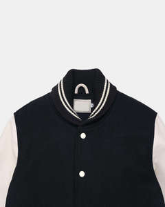 Veste universitaire pour homme, bleu marine et blanc, coupe classique, couleur unie, col montant, fermeture boutonnée, style preppy, en laine et polyester, pour l'automne - Product Image 3
