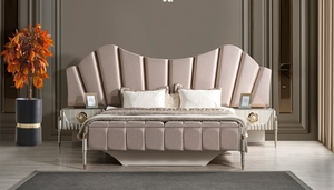 Ensemble de chambre à coucher moderne de luxe en teck massif, style Art Déco, lit king size capitonné à festons avec armoire et coiffeuse - Product Image 4