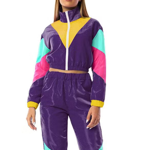 <b>Women</b> <b>Purple</b> Color Blocking <b>Tracksuit</b> Full Sleeve Turn-down Collar Sporty Elastic Waist Regular Fit Spring Breathable 100% - Product Image 2