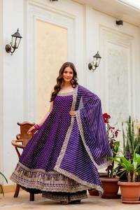 Designer Embroidery And Real Mirror Work Bandhani Vichitra <b>Silk</b> Gown With Plazzo Bottom And Lehariya Dupatta Ready To Wear Set - Product Image 4