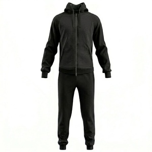 Men's Solid <b>Black</b> Hooded Tracksuit Full Zipper Casual Jogger <b>Pants</b> Set Breathable Cotton Regular Fit Autumn Wear - Product Image 1