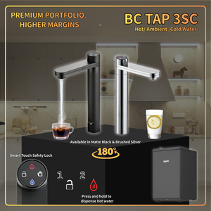 Dispensador de Agua Fría y Caliente BC TAP 3SC, Bajo Encimera, Eléctrico, Acero Inoxidable, Negro Mate, Plateado Cepillado - Product Image 1
