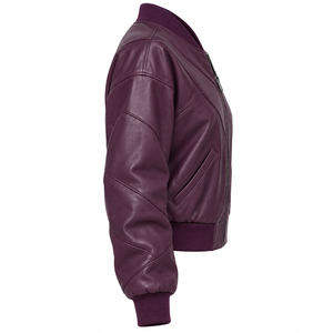 Blouson Bomber en Cuir Viné Profond pour Femme, Coupe Oversize, avec Coutures Géométriques, Manteau en Peau de Mouton Violet Prune, Vêtements Personnalisés, Vente en Gros B2B, Usine de Confection - Product Image 3