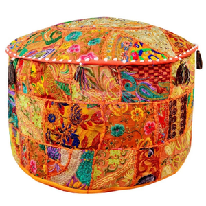Indian Handmade Patchwork Cotton Pouf <b>Round</b> Floor <b>Cushion</b> Embroidered Bohemian Decorative Throw Pillow with Zipper Closure - Product Image 5