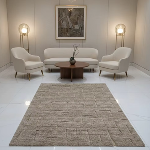 Tapis de salon moderne fait main de style marocain, en laine beige épaisse, à poils ras, tissage plat, géométrique texturé - Product Image 5