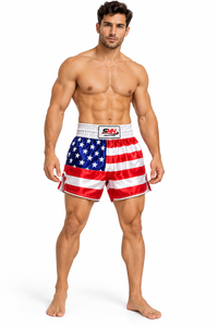 Shorts de boxe Muay Thai personnalisés pour hommes, drapeau américain, rouge, blanc, bleu, étoiles, rayures, satin, ceinture élastique large, entraînement de kickboxing, combat - Product Image 4