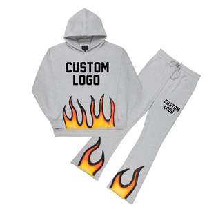 Conjunto de Sudadera Corta con Cremallera y Pantalones de Chándal Estilo Urbano Vintage Personalizado, con Bordado de Parches Desgastados, Efecto Deslavado por el Sol y Lavado Ácido - Product Image 2