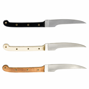 Tres cuchillos delgados para deshuesar con hojas curvas plateadas, mangos negros, blancos y marrones naturales, y empuñaduras remachadas para el recorte de carne. - Product Image 3