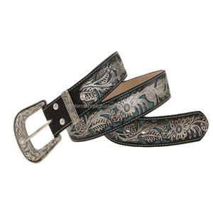 Custom Retro Floral Engraved Two Tone Western <b>Leather</b> Hand <b>Tooling</b> <b>belt</b> with Three Piece Brass pin Buckle Keeper and Loop End - Product Image 4