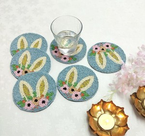 Handmade Eco-Friendly Customizable Bunny Ears with Flowers <b>Round</b> Coaster-Set of 6 (Polyester/Cotton) - Product Image 1
