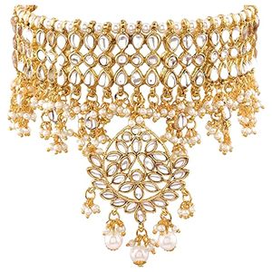 Ensemble collier et boucles d'oreilles en alliage de laiton plaqué or 14 carats avec perles d'imitation en cristal, bijoux ethniques pour femmes, design floral - Product Image 6