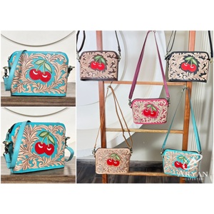 Women Fashionable Hand Tooled Leather Crossbody Bag Cherry Floral Design Western Handmade Genuine Leather Evening Shoulder Bags - Product Image 1