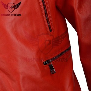 Veste en cuir véritable rouge pour homme, style motard asymétrique, en cuir de vachette, col à revers, poches zippées classiques, vêtement d'extérieur personnalisé pour l'hiver - Product Image 3