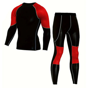 Ensemble de yoga bicolore noir et rouge, manches longues, col rond, 2 pièces, en Spandex et Nylon, extensible dans les quatre sens, avec surpiqûres contrastées, coupe haute - Product Image 1