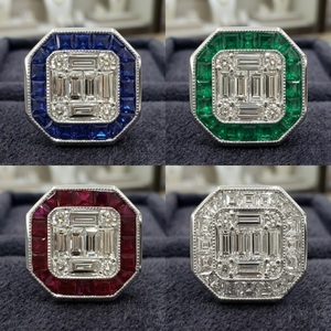 Pendientes Art Deco de Oro Blanco Sólido de 18K con Rubí Rojo, Diamantes Baguette en Racimo, Halo Octagonal, Joyería Fina al por Mayor - Product Image 4