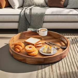 Plateau de service en bois avec poignées, 22 pouces, plateau rond extra large, plateau ottoman en acacia, grands plateaux en bois, plateau ottoman pour salon, plateaux en bois - Product Image 6