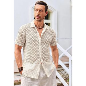 Camisa de ganchillo de manga corta de punto con botones para hombre 2025, Tops informales ahuecados para vacaciones en la playa de verano en tallas XL y 6XL - Product Image 3