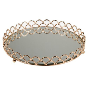 Plateau de service rond en métal doré géométrique de qualité supérieure avec miroir en verre, décoration décorative pour la maison, l'hôtel ou le restaurant - Product Image 3