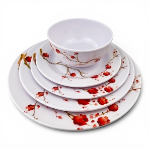 Traditional Asian <b>Melamine</b> Dinnerware Set Flat Plates Pigmented Red Plant Pattern Asian Zen Style Dishwasher Microwave Safe - Product Image 5