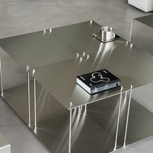 Table basse minimaliste en métal carrée à deux niveaux, meuble moderne pour salon, table d'appoint durable - Product Image 4