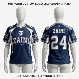 Camiseta de Fútbol Femenina Premium de Malla Interlock de Poliéster de 220 Gramos, Color Azul Marino con Paneles Blancos y Dorados, Logotipo Personalizado, Impresión Digital, Transpirable - Product Image 1