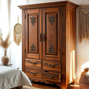 Luxury Handcrafted Solid Wood 2 Door <b>Wardrobe</b> with 4 Lower Drawers Ornate Carving Natural Finish - Product Image 1
