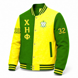 Veste universitaire personnalisée Chi Eta Phi Sorority, verte et jaune, manches longues, fermeture éclair sur le devant, col à bandes, logo brodé, coton. - Product Image 2