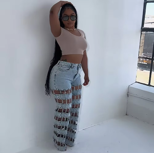 European and American Style Women's Ripped Jeans New Fashion Street Style Hollow Out High Waist Straight Pants - Product Image 3