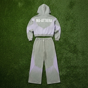 Conjunto deportivo informal de dos piezas para mujer, con sudadera corta con cremallera y bloques de color, y pantalones deportivos de pierna ancha. - Product Image 5