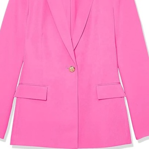 Blazer rose pour femme avec revers vert et boutons dorés, manches longues, couleur unie, col cranté, simple boutonnage, laine et polyester - Product Image 3
