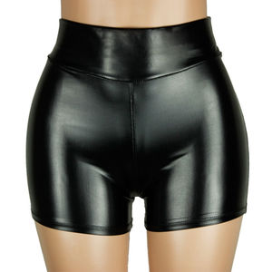 Shorts mini femme taille mi-haute en cuir, style décontracté chic, taille élastique, anti-plis, séchage rapide, noir uni, effet mouillé - Product Image 1