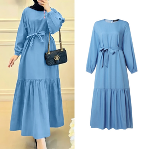 ชุดเดรสยาวมุสลิมแบบเรียบร้อยสำหรับผู้หญิง แขนยาวผ้าเดนิมเทียม ผูกเอว ชายระบาย ชุดอาบายะห์ ฮิญาบอิสลาม ชุดเดรสผู้หญิง - Product Image 3