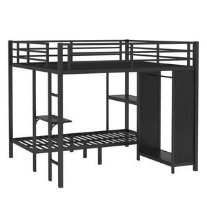 Letto a Castello in Metallo King-Size con Armadio Integrato e Scrivania Pieghevole, Finitura Nera - per Letti Twin XL - Product Image 4
