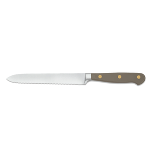 Cuchillo multiusos duradero de 5 pulgadas con hoja dentada de acero inoxidable y mango marrón con triple remache para cocina, alimentos, pan y frutas - Product Image 1
