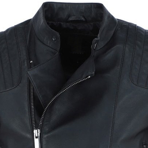 Men's Black Genuine Leather Canvas Moto Jacket Stand Collar Zipper Closure Regular Fit <b>Thin</b> Winter Wear Front Waterproof - Product Image 4