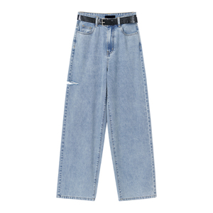 Jean en denim délavé déchiré taille haute à jambe large pour femme, coupe ample décontractée, longueur intégrale, en coton bleu, grandes tailles - Product Image 1