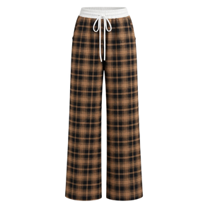 Pantalones anchos a cuadros dorados para mujer, con cintura elástica, cordón y bolsillos laterales, para ropa de dormir informal y ropa de casa - Product Image 1