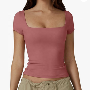 Camisetas flocadas de manga corta con cuello cuadrado para mujer, Camisetas básicas ajustadas para salir - Product Image 6