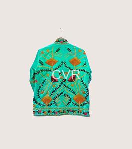 Veste décontractée à col mandarin brodé de fleurs, style chinois, manches longues, pour femme, grande taille, en polyester vert, collection automne - Product Image 5