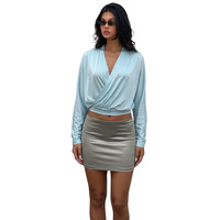Robe Courte Femme Sexy Col Plongeant Manches Longues Effet Cache-Cœur Color Block Moulante Taille Basse Tenue de Soirée 2026