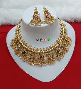 South Indian Antique Matte Gold Plated Choker <b>Necklace</b> <b>Ruby</b> set Gemstone Oval <b>Necklace</b> with Pearl Clusters and Matching earring - Product Image 1