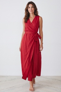 Red Sleeveless Cotton Maxi <b>Dress</b> With Belt A-Line Casual Summer <b>Dress</b> For Women Solid Color Breathable <b>Loose</b> Fit - Product Image 1