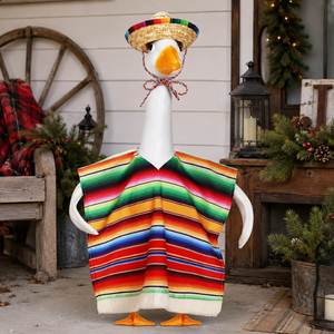 Garden Goose Outfit Mexican Fiesta Serape <b>Poncho</b> Straw Sombrero Rainbow Stripe Fringe Porch Statue Decor Holiday Party - Product Image 1