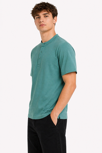 Mens Teal Green Henley T <b>Shirt</b> Minimal Plain Casual <b>Half</b> Sleeve Tee Modern Slim Fit Top <b>Button</b> Placket Round Neck Style Premium - Product Image 2