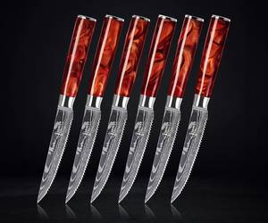 6-Piece Steak <b>Knife</b> <b>Set</b> with Damascus Blade Pattern and One of a Kind Crimson Red Epoxy Resin Handles - Product Image 1